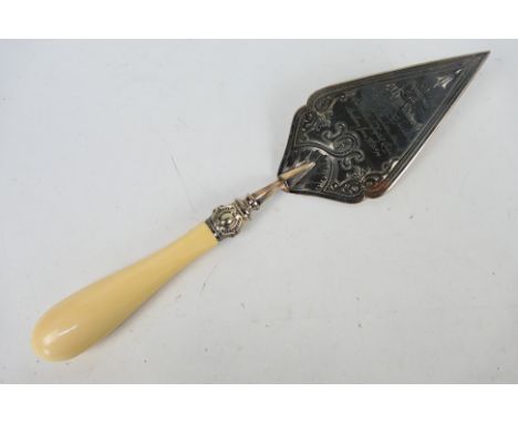 A Victorian silver plated presentation trowel engraved Presented To Mr Henry Whitworth Of Birmingham For The Purpose Of Layin