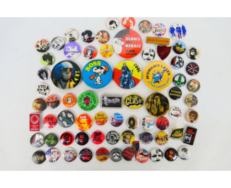 A collection of vintage pin badges, predominantly music / band related to include The Clash, The Sex Pistols, Dead Kennedys, 