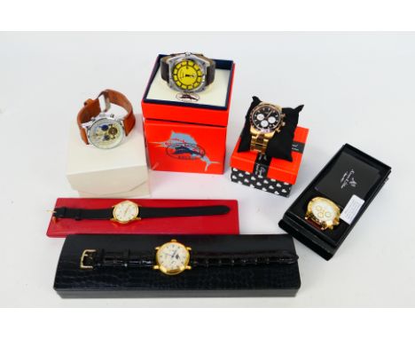 A collection of wrist watches to include Stauer, Rotary, Roamer and other, some in original boxes. [W]
