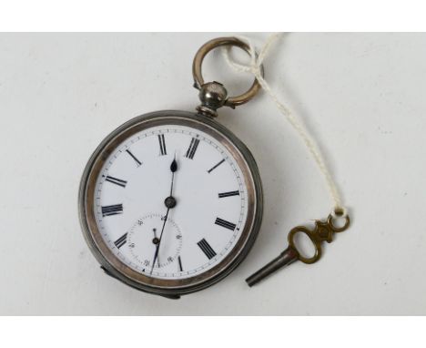 A Swiss silver (935 fineness) cased open face pocket watch, Roman numerals to a white enamel dial, subsidiary seconds dial, t