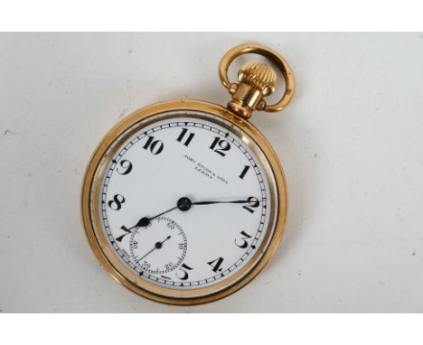 A gold plated open face pocket watch, Arabic numeral hour markers to a white enamel dial, subsidiary seconds dial, 5 cm (d) c