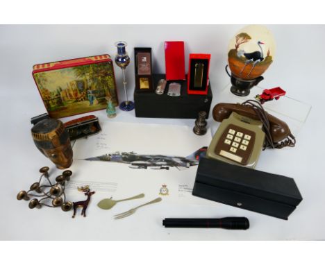 Mixed collectables to include plated ware, coins, vintage cigarette lighters and telephone, blown ostrich egg with hand paint