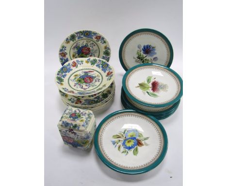 A Masons Strathmore tea caddy, tazza and six soup plates, together with a late 19thC porcelain part dessert service painted w