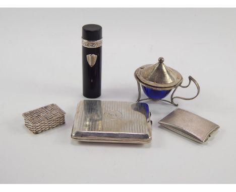 A George V silver cigarette case, with engine turned decoration, reserve monogram, Birmingham 1922, match case, monogram engr