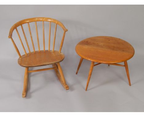An Ercol beech and elm drop leaf occasional table, 61cm x 41cm, together with a beech and elm rocking chair, (2).