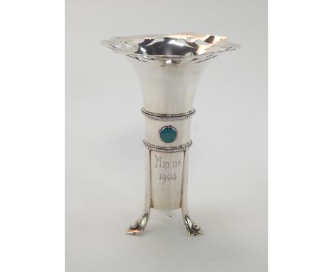 A William Hutton & Sons Ltd silver Art Nouveau vase, of pierced trumpet form with embossed monogram set with two turquoise po