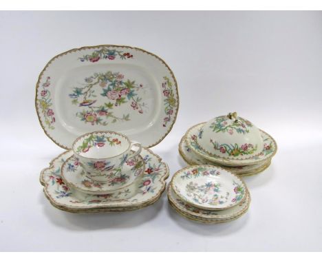 A Minton & Boyle mid 19thC porcelain meat platter, decorated with a bird and flowers, pair of dessert plates, muffin dish and