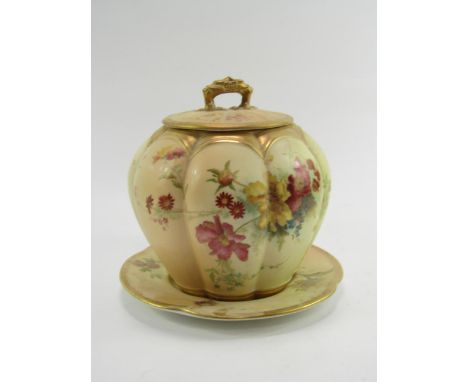 A Royal Worcester blush porcelain biscuit barrel, cover and stand, circa 1898, of lobed form, painted with meadow flowers, pr