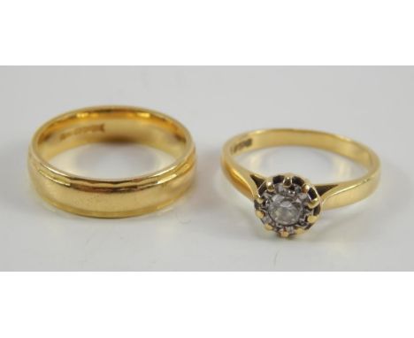 An 18ct gold and diamond solitaire ring, approx 1/4ct, size L, and an 18ct gold wedding band, size L, 8.5g, (2).