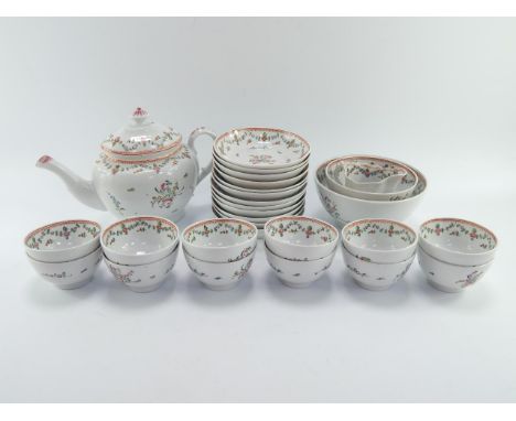 A New Hall late 18thC porcelain tea service, painted with floral sprays, comprising teapot, cream jug, sugar bowl, slop bowl,