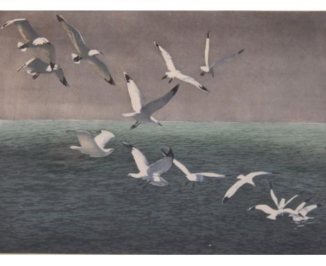 Hans Frank (Austrian 1884 - 1948). Flock of Seagulls, wood block print, signed, date '23, 26cm x 35cm.