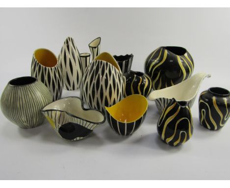 Three Sandland Ware mid 20thC pottery vases, decorated in the Zebrette pattern, Nos 1151, 1161 and 1164, Midwinter sauce boat