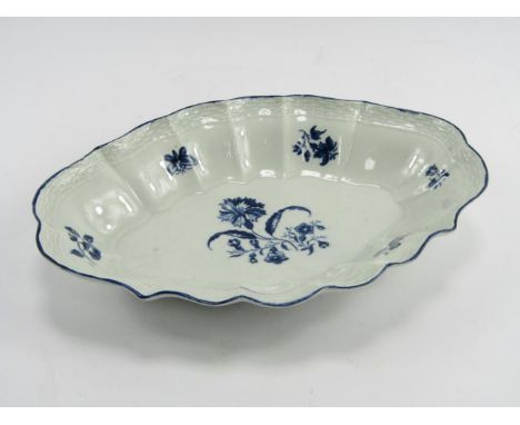 A Worcester First Period porcelain oval fluted dish, decorated in blue and white in the Gillyflower pattern, crescent mark, 2