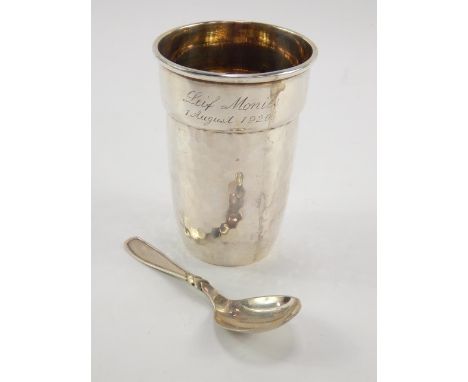 A Danish silver beaker with a hammered finish, presentation engraved, maker's mark HCF, and a Horsens Solvvarefabrik silver c