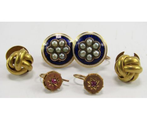 A pair of Victorian seed pearl earrings, in a blue guilloche and white enamel surround, a pair of yellow metal knot studs and