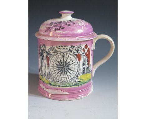 A Sunderland Lustre Beer Mug with cover _ The Mariner's Compass _ decorated with polychrome scene portraying the poetic text 