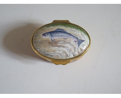 A Kingsley Enamel Ltd. Ed. 30/250 Patch Pot decorated with salmon, signed S. Smith, 5.5cm long, boxed with COA 