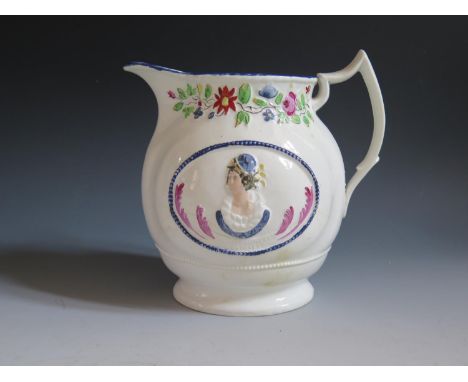 A Nineteenth Century Jug _ Success To Queen Caroline _ with polychrome relief portrait beneath a floral rim, 17.5cm to rim, h