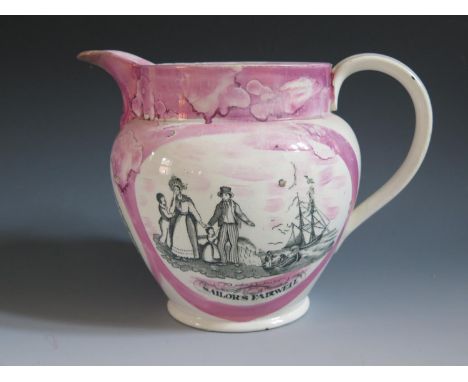 A Sunderland Lustre Jug _ Sailor's Fairwell _ decorated with monochrome scene of compass and poetic text 'Tell me ye knowing 
