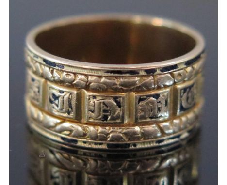 A Victorian 18ct Gold and Black Enamel Gent's Memorial Ring engraved 'John Raimes June 24th 1858, London 1854, size R, 9.2g 