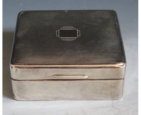 An George VI Silver Cigarette Box with engine turned decoration, Birmingham 1939, Adie Bros., 8.5(w)x7.5(d)x3.5(h)cm. Bruised