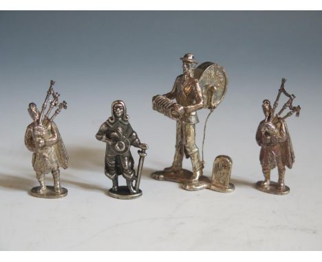 An Elizabeth II Miniature Silver Model of a 'One-Man-Band' London 1978 Thomas Charles Jarvis 5.6cm 38.7g, a pair of silver ba
