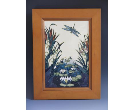 A Modern Moorcroft Dragonfly Pattern Plaque, dated 95 and framed by The Art Studio, 42x31.5cm overall size 