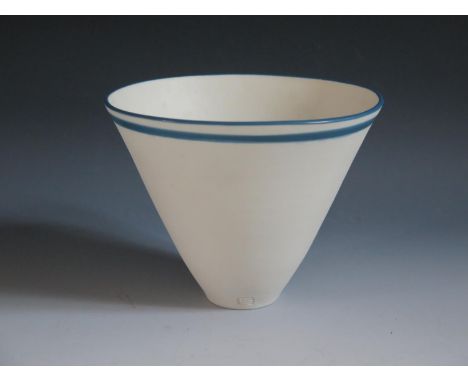Elizabeth Smith (1943-2019), a ceramic vessel with blue green glazed bands, impressed mark to base, 13.5cm wide x 17.5cm diam