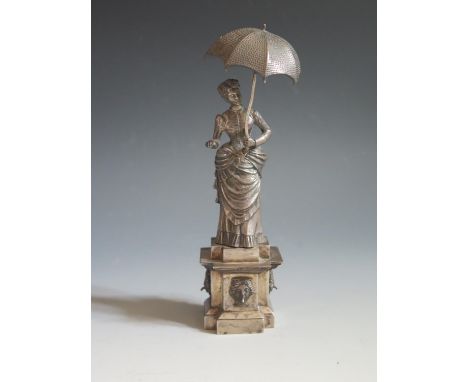 A Continental Silver Model of a Lady with parasol and standing on a plinth with mask water spouts to column, 15cm, 215g gross