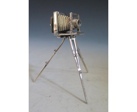 An Italian Silver Scale Model of a Bellows Camera on tripod, stamped Medusa .925, c. 8.5cm 
