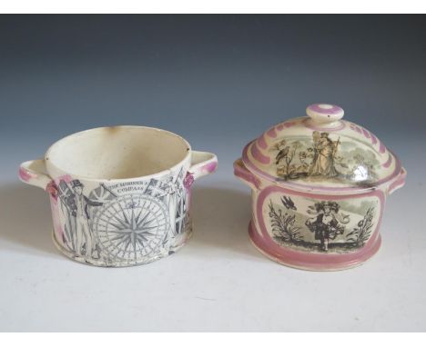 Two Sunderland Lustre Two Handled Pots _ one decorated with two monochrome cartouche of a hunter and farmer (crazing and two 