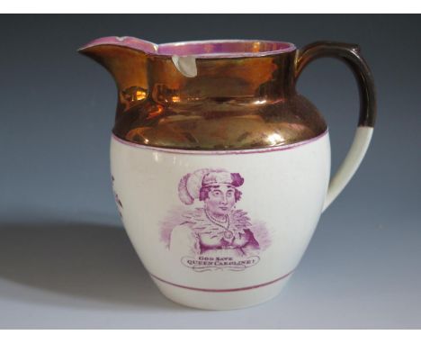 A Rare Copper Lustre Jug _ God Save Queen Caroline! _ with puce portrait bust and poetic text 'Would you wish, to know a Brig