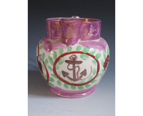 A Sunderland Lustre Jug _ The Mariner's Compass _ decorated in polychrome with hand painted anchor and poetic text 'When This