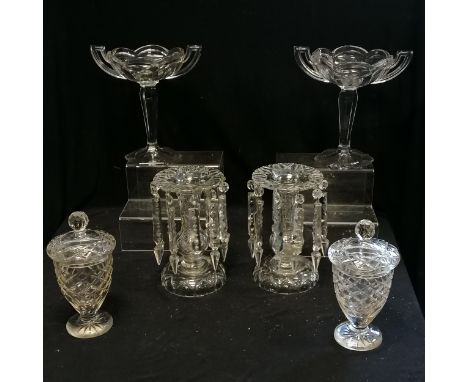 Pair of glass lustres 22cm high, pair of antique chippendale glass comports 25cms high, pair of cut glass lidded jars - both 