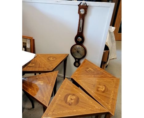 Antique mahogany cased barometer / thermometer with strung inlay (95cm) t/w set of 6 x Italian sorrento triangular tables for