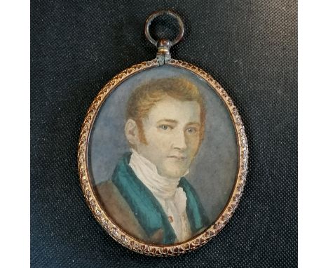 Original portrait miniature watercolour on paper of a Georgian gentleman in a gilt brass frame with repeat 4 leaf clover deco