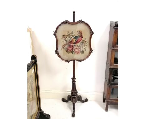 Antique mahogany pole screen with a tapestry of a golden pheasant 153cm high. In good condition
