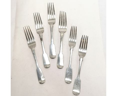 6 x Ireland (Dublin) 1838 silver 22cm dinner forks by R W Smith ~ 454g - In good used condition