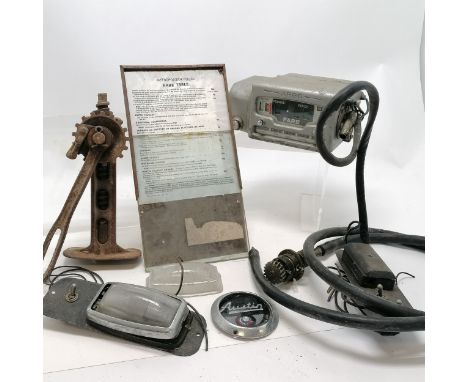 Argo London taxi cab meter complete with cables, switches, Metropolitan Police fare table in original metal frame t/w Austin 