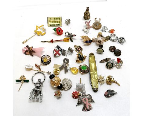 Qty of badges inc Dentsply pendant (set with 2 rubies), Vauxhall, Kipling robot gorilla keyring etc - SOLD ON BEHALF OF THE N