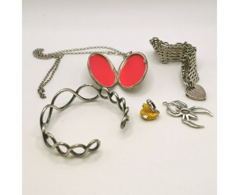 Silver jewellery - locket on 44cm chain, bangle, 6 bar gate bracelet, spider pendant, yellow enamel duckling - total weight 6
