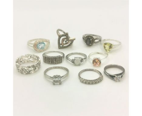 11 x silver stone set rings inc diamond, opal etc  - total weight 34.3g 