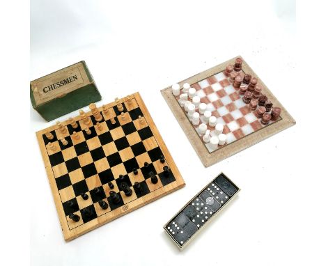 Chad Valley wooden cheessboard with wooden chess pieces (slight a/f to knights) - 29cm square t/w Imperial boxed dominoes set