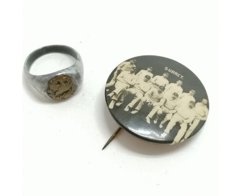 Thomas Haywards (Surrey) benefit cricket match badge (3.5cm diameter) t/w trench art ring