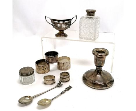 Qty of silver inc 4 silver napkin rings, silver trophy salt cellar (missing liner), 2 silver spoons, 2 silver topped jars - 1