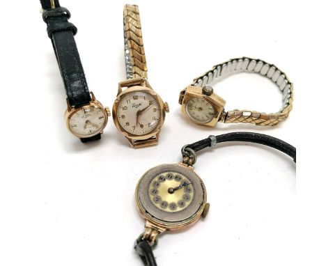 4 x 9ct gold cased metal / leather strapped vintage watches - largest lacks front - all for spares / repairs / scrap ~ total 