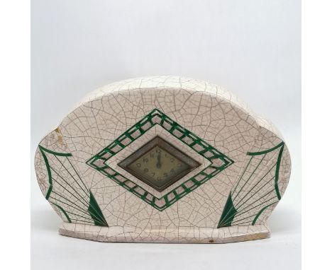 Art Deco pottery mantle clock with crazed decoration &amp; lozenge design - 22cm high x 32cm wide ~ chip to reverse at the to