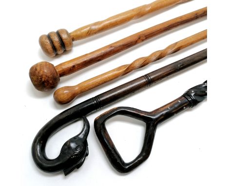 3 x knop headed clubs t/w walking stick with birds head handle &amp; another inlaid with mother of pearl and carved detail 