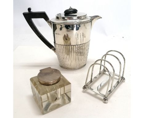 Silver half fluted hot water jug (slight a/f), silver toastrack (missing centre divider) &amp; glass inkwell with silver lid 