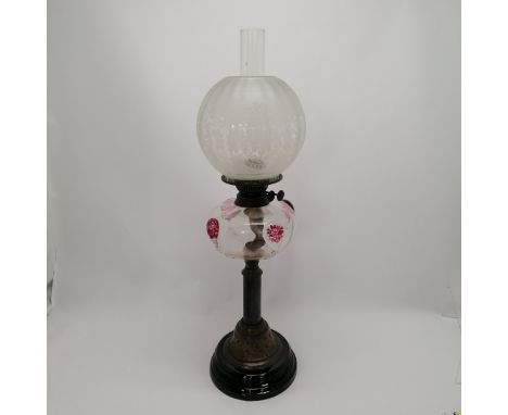 Unusual Art Nouveau antique oil lamp with pontil decoration to reservoir &amp; acid etched shade - twin duplex burner - total